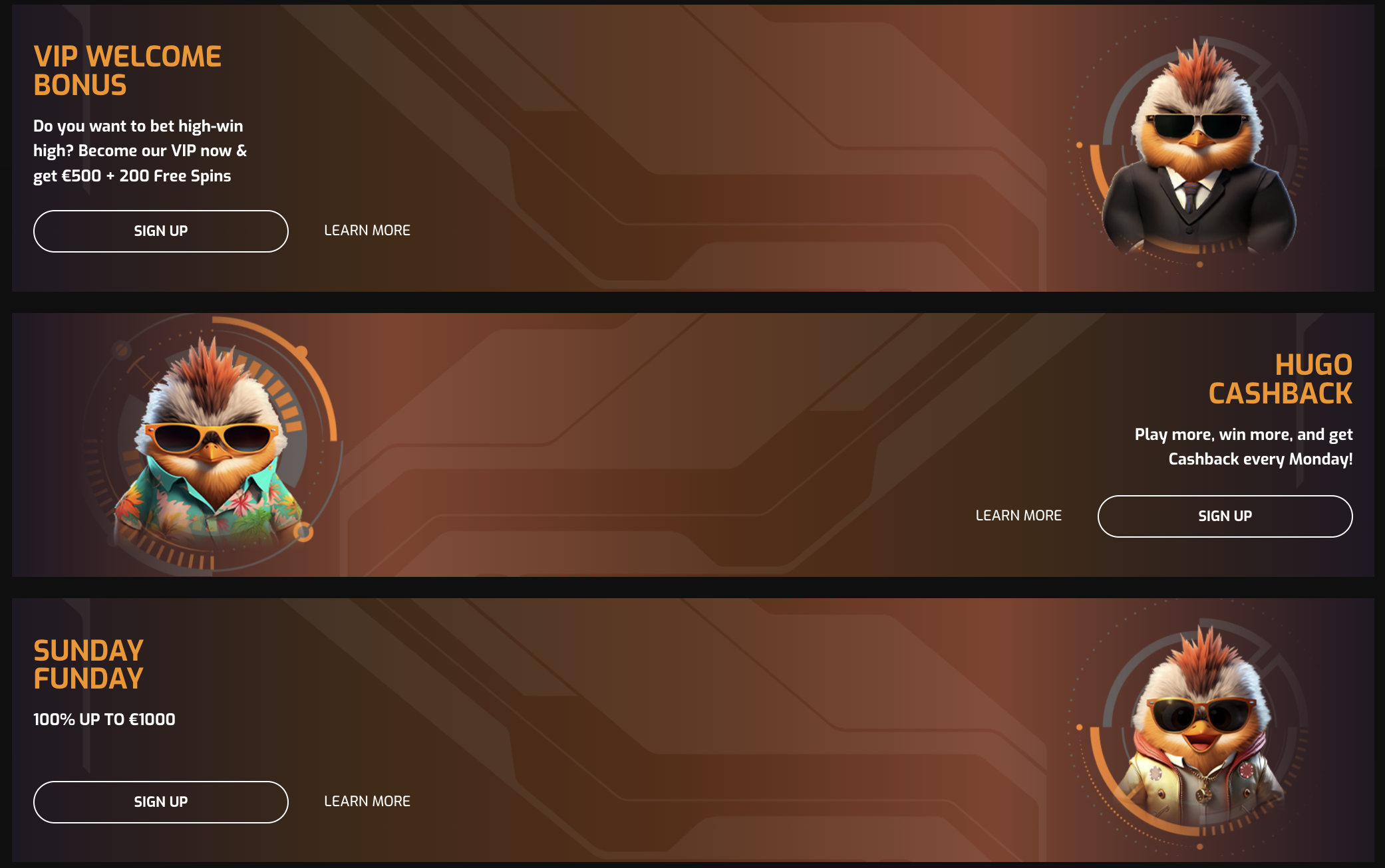 Bonuses at Hugo Casino Banner